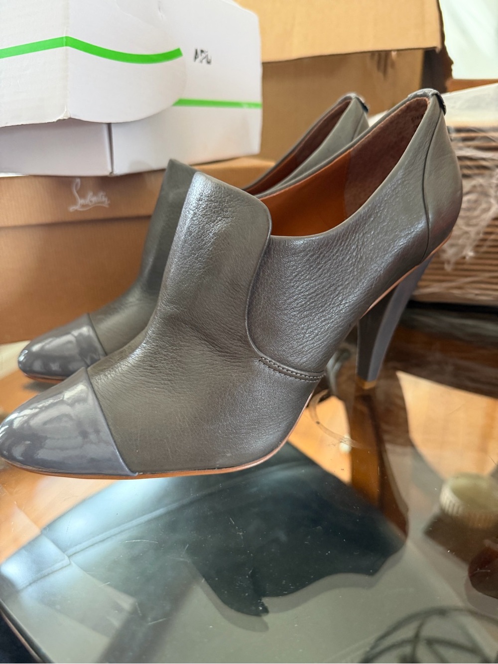 Calvin Klein Charcoal Gray Leather Pointed Toe High Heel Booties